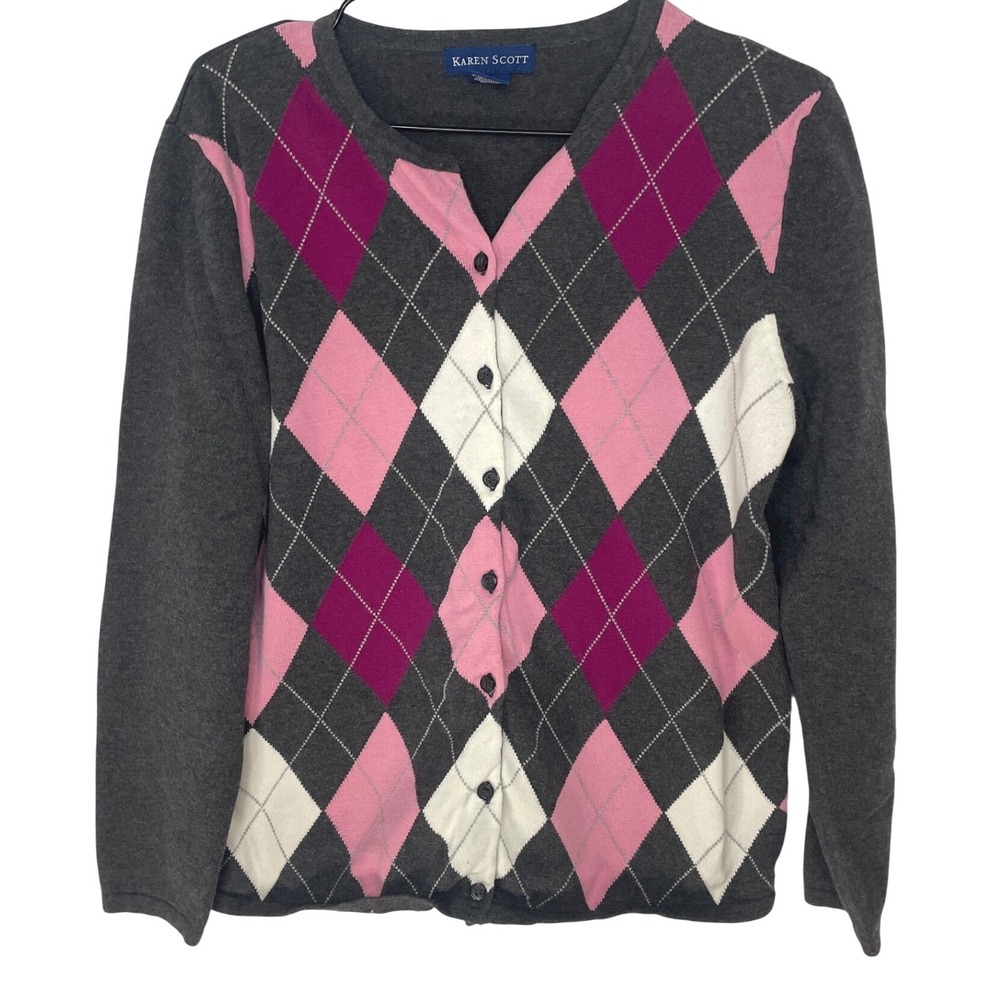 Karen Scott Womens Cardigan Argyle Button Up S Gray Pink Preppy Academia Classic
